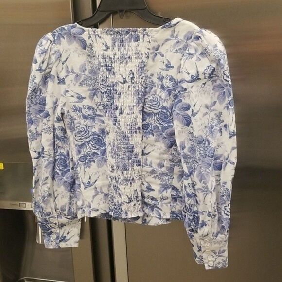 💕REFORMATION💕 Stilton Linen Top  Pompadour Blue White Floral Bird Print 2 NWT - Picture 6 of 13